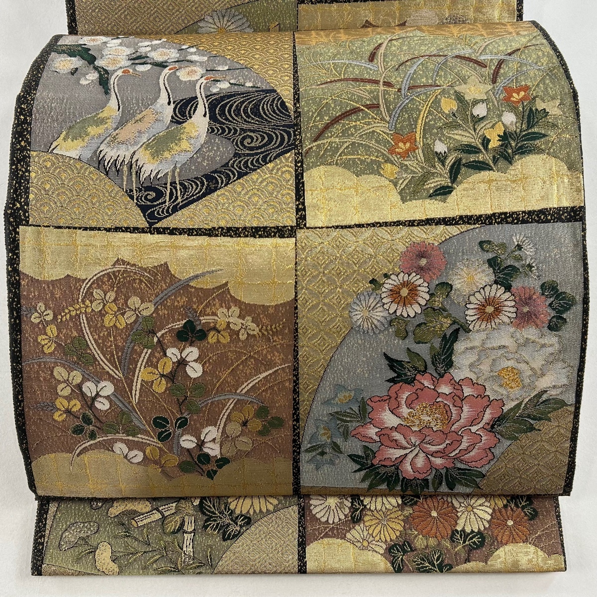 袋帯 美品 秀品 扇面 草花 金糸 箔 金色 六通 正絹 【中古】拍卖