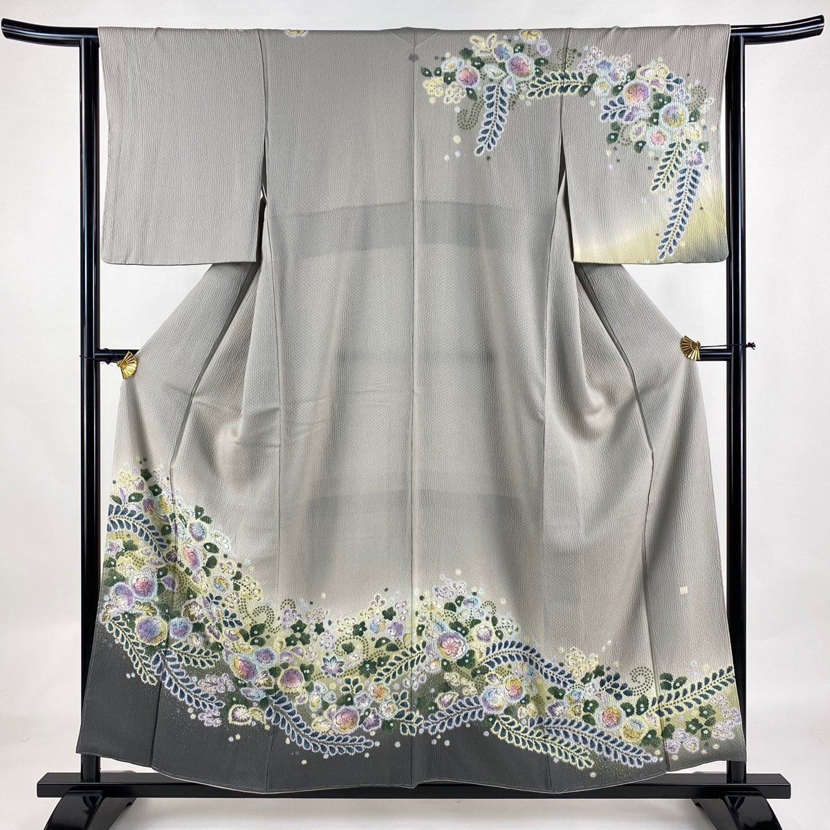 訪問着 身丈156cm 裄丈62.5cm S 袷 落款 辻が花柄 ぼかし 灰色 正絹 美品 名品 一つ紋 【中古】拍卖