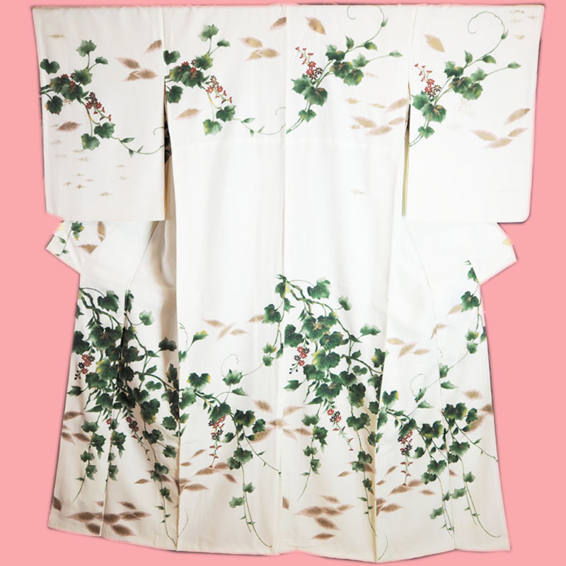 アンティーク着物 小紋 絵画調蔦花模様 ディスプレイ・材料用 Antique kimono拍卖