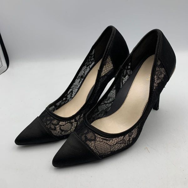 O798 RANDA ランダ レディース メッシュ パンプス 22.5cm ブラック レース シースルー ラインストーン拍卖