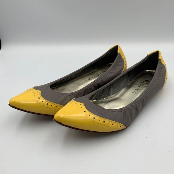 K956 DIANA ダイアナ レディース ポインテッドトゥ パンプス 23cm イエロー グレー エナメル 日本製拍卖