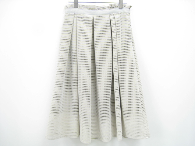 Apuweiser-riche アプワイザーリッシェ 格子 フロッキー ミディ丈 スカート ウエストテープ グレーベージュ系 SIZE 2拍卖