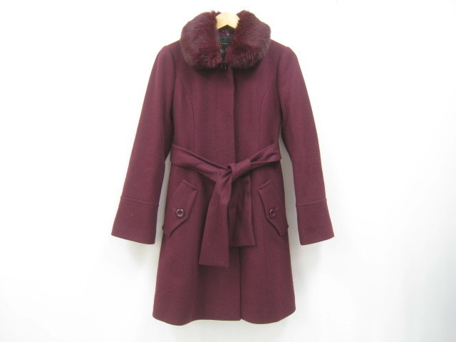 TO b by agnies b アニエスベー リアルファー付き ウールコート ミディアム丈 ワインカラー サイズ38拍卖