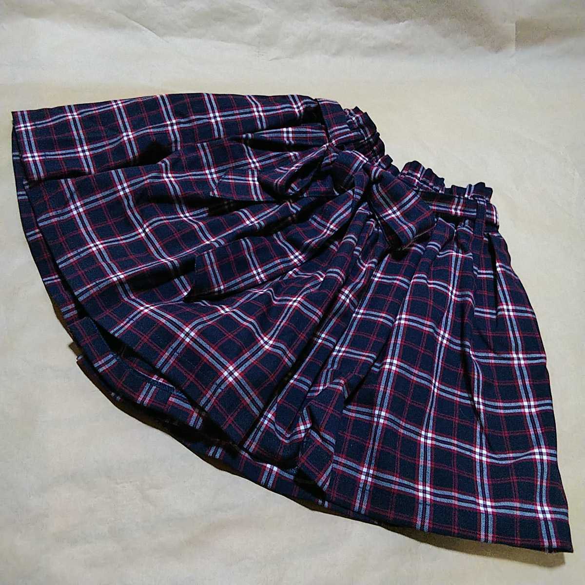 赤紺チェック キュロット ミニ チェック柄 ポケットあり、リボン付き 美品 ウエストゴム サイズS 拍卖