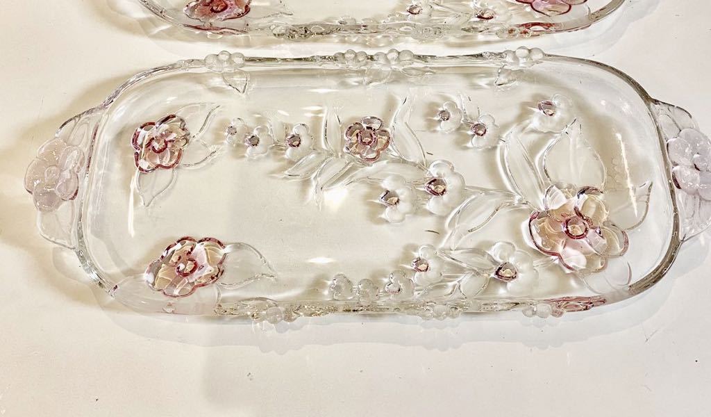 ピンク花柄 ガラスプレート オードブルプレート プラター 洋食器 飲食店などに拍卖