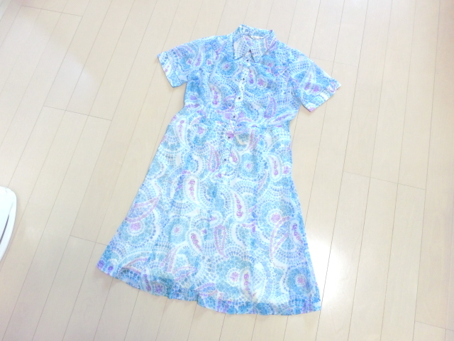 半袖 透けワンピース 水色 シャツ襟 ジョーゼット生地拍卖