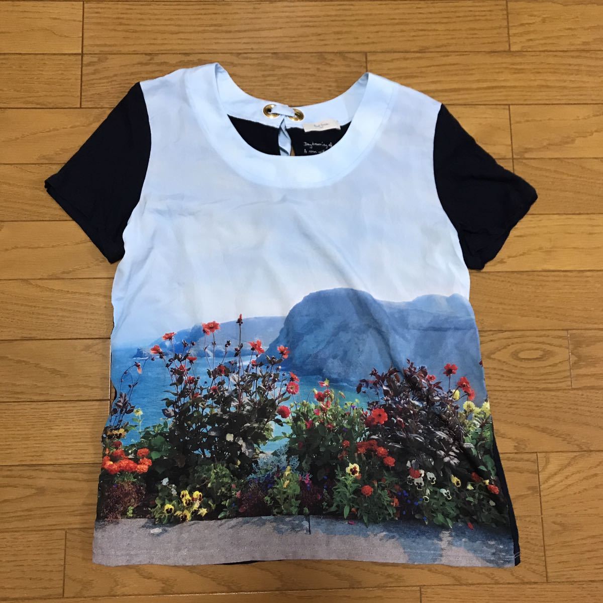 送料無料■Paul Smith ポールスミス ネイビー ライトブルー 切替え半袖シャツ プルオーバー 花柄 バックリボン サイズXL 日本製拍卖