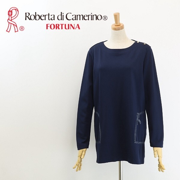 ◆Roberta di Camerino FORTUNA ロベルタディカメリーノ フォルトゥーナ ストレッチ ロゴラメ刺繍 チュニック ワンピース 紺 ネイビー 11拍卖