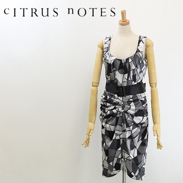 ◆CITRUS NOTES シトラスノーツ 総柄 タック ベルテッド ノースリーブ ワンピース 38拍卖