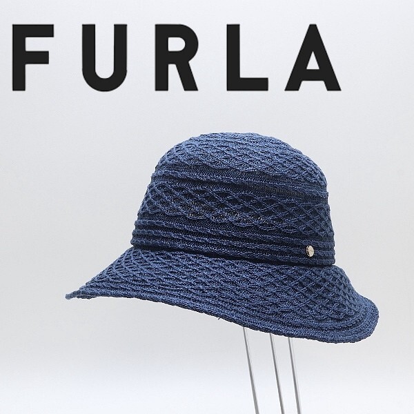 ◆FURLA フルラ × ムーンバット リネン ハット ライトネイビー M~S拍卖