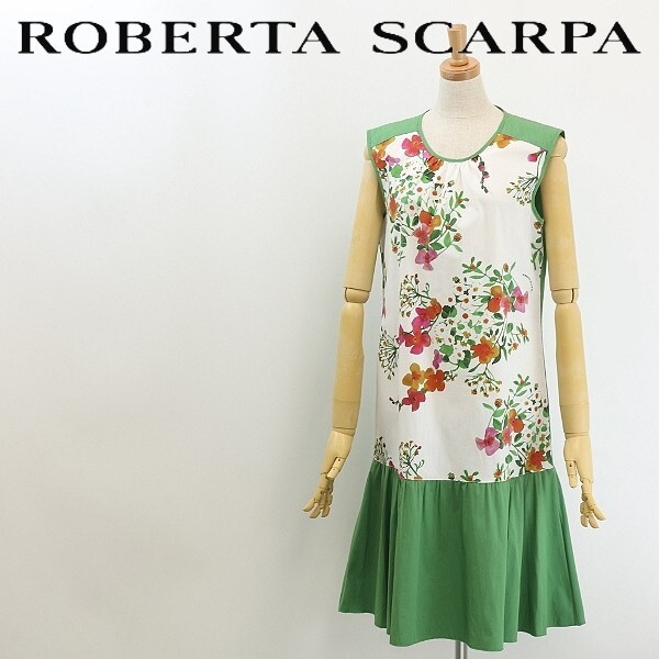 ◆ROBERTA SCARPA ロベルタスカルパ ストレッチ 花柄 ギャザー 切替 コットン フレア ノースリーブ ワンピース 38拍卖