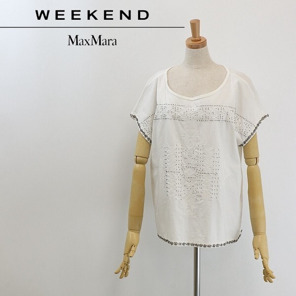 ◆Max Mara WEEKEND マックスマーラ 刺繍&ビーズ装飾 コットン バックタック トップス カットソー 白 ホワイト M拍卖