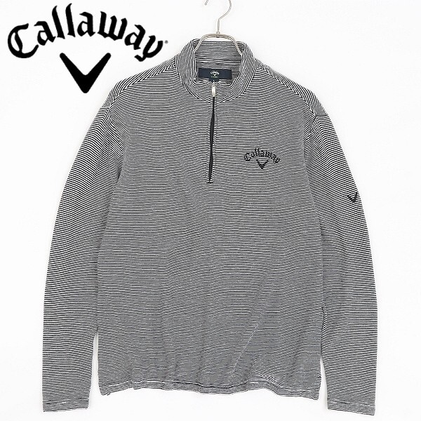 ◆Callaway キャロウェイ Classic ボーダー柄 ロゴ刺繍 ハーフジップ 長袖 トップス ブラック×ホワイト L拍卖