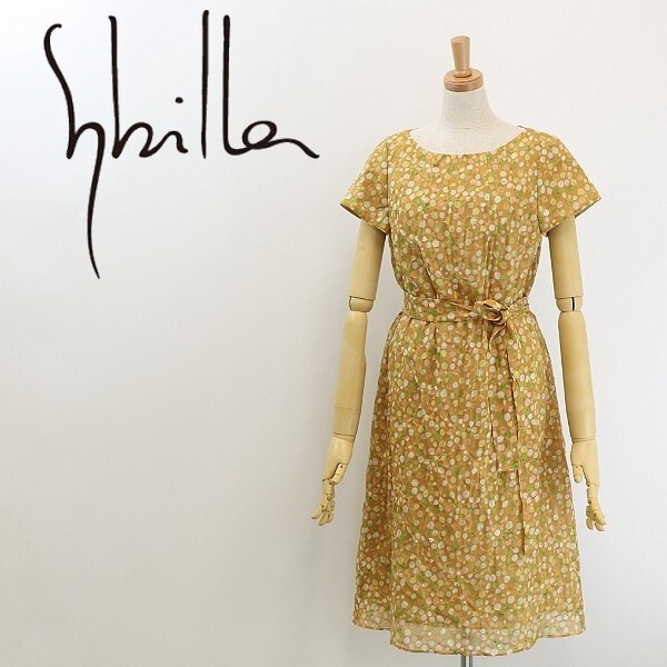 美品◆Sybilla シビラ リネン混 水玉柄 リボンベルト付 コットン 半袖 ワンピース M拍卖