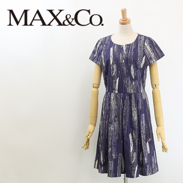 新品◆MAX&Co. マックスマーラ 総柄 ストレッチ コットン タック フレア ワンピース 紺 ネイビー×オフホワイト 40拍卖