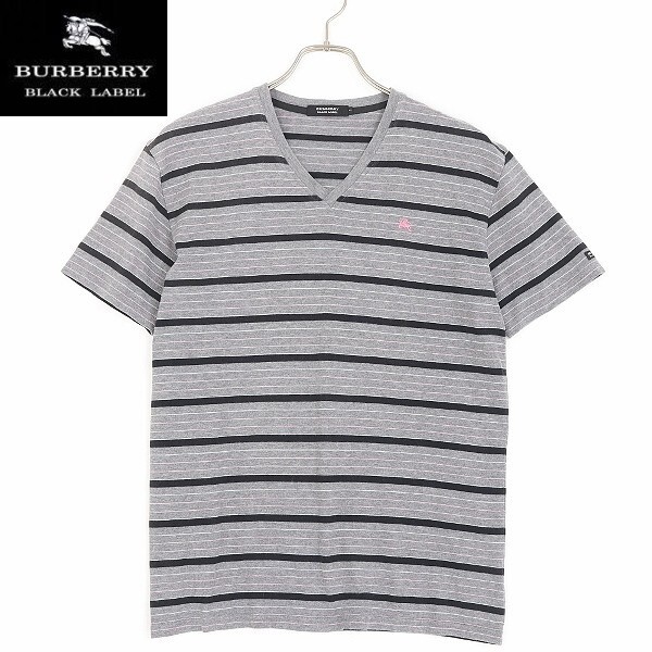 ◆BURBERRY BLACK LABEL バーバリー ブラックレーベル マルチボーダー柄 ロゴ刺繍 コットン Vネック 半袖 Tシャツ グレー 3拍卖