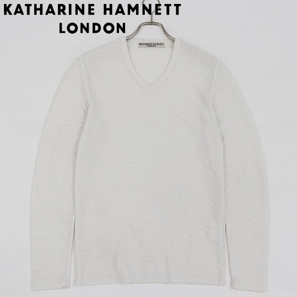 ◆KATHARINE HAMNETT LONDON キャサリン ハムネット ロンドン 織柄 ストレッチ Vネック 長袖 トップス カットソー オフホワイト S拍卖
