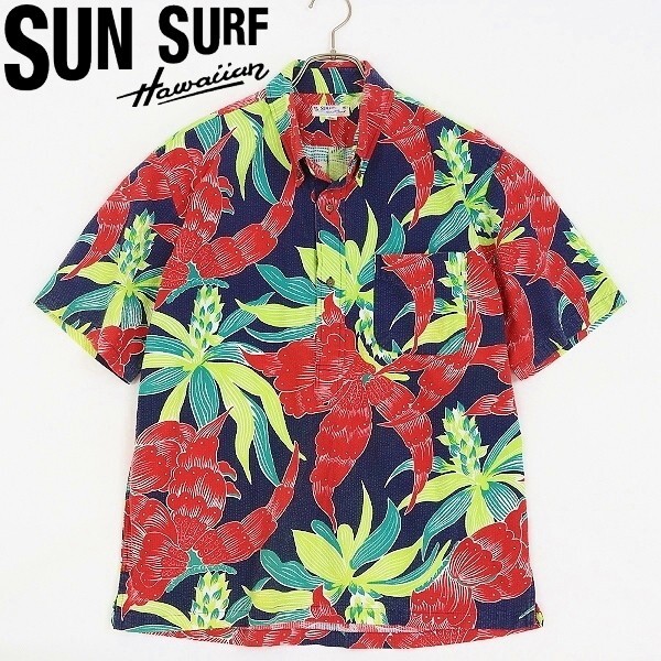 ◆SUN SURF サンサーフ 総柄 シアサッカー ハーフボタン コットン ボタンダウン 半袖 プルオーバー アロハ シャツ M拍卖