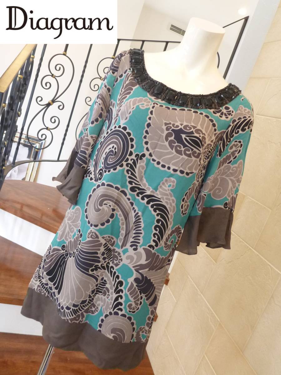 4.2万 美品 ダイアグラム グレースコンチネンタル(DIAGRAM GRACE CONTINENTAL) ★ 黒×グレー×緑 ビジュー シルク ワンピース M相当拍卖