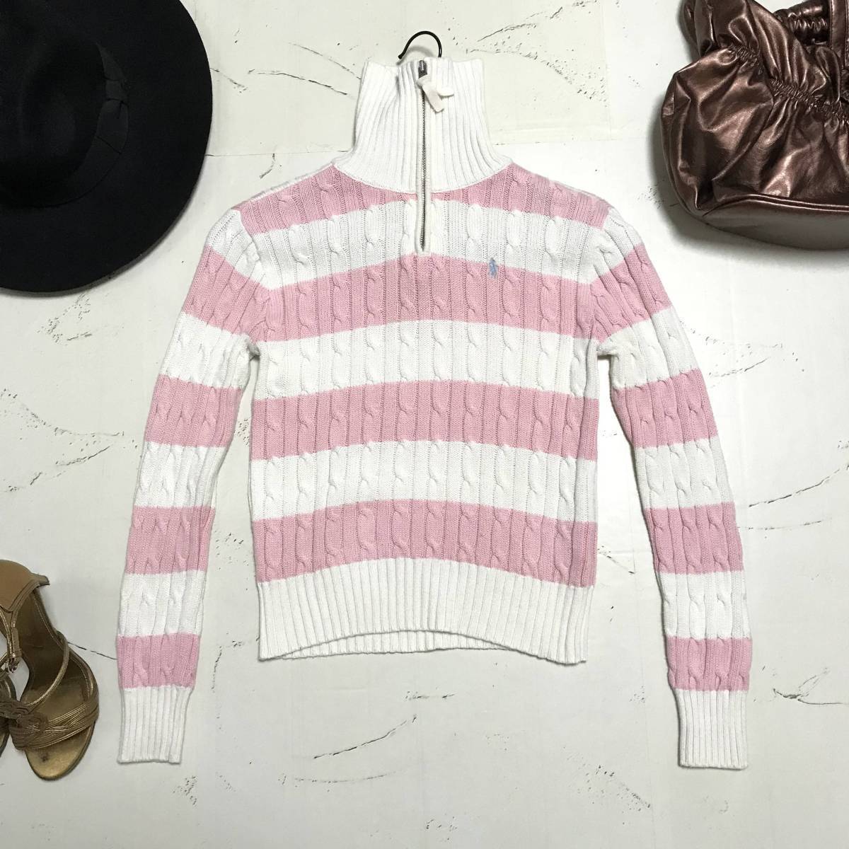 ★ラルフローレン RALPH LAUREN★ボーダー柄★ケーブル編み ハーフジップ ハイネック ニット セーター★ピンク×ホワイト★size 150★拍卖