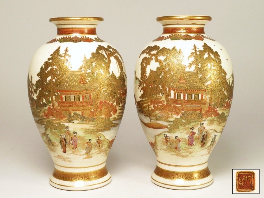 【10118】明治期 薩摩焼 金襴手 神宮図 花瓶一対(初品・買取品)拍卖