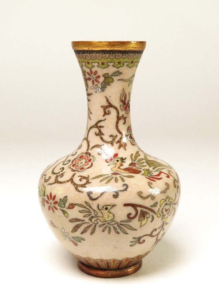 【10144】明治期 尾張七宝 鳳凰図 花瓶(初品・買取品)拍卖