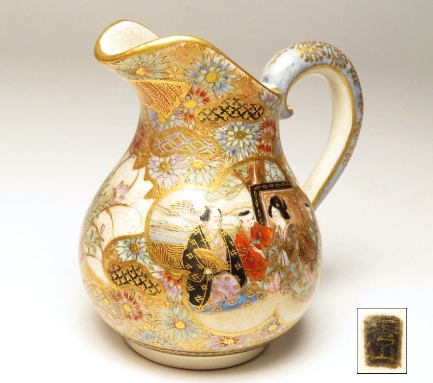 【10129】明治期 薩摩焼 金襴手 人物図 水差し(初品・買取品)拍卖