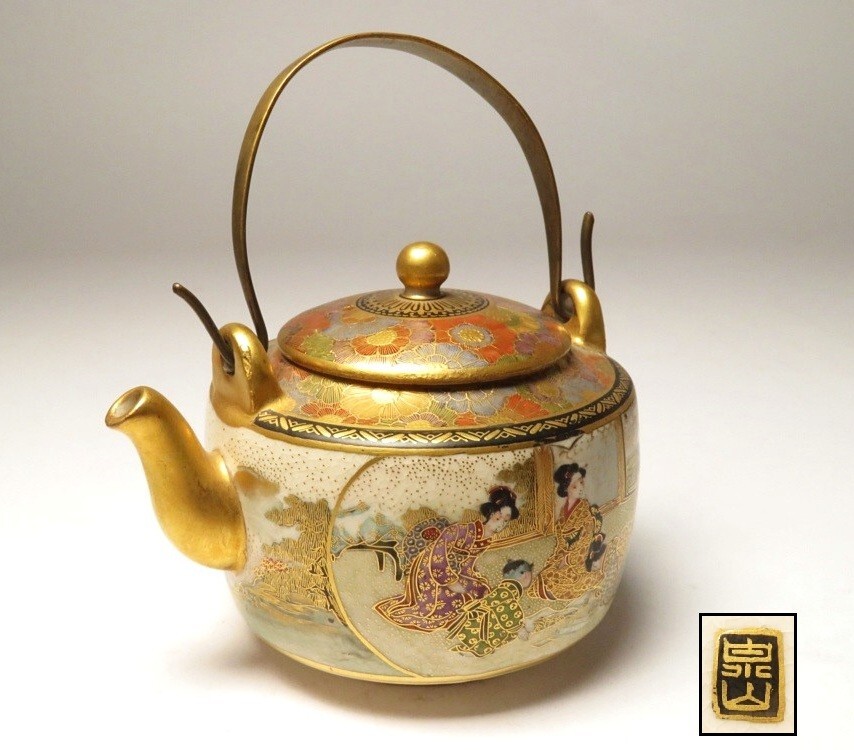 【10076】明治期 薩摩焼 金襴手 美人図 急須(初品・買取品)拍卖