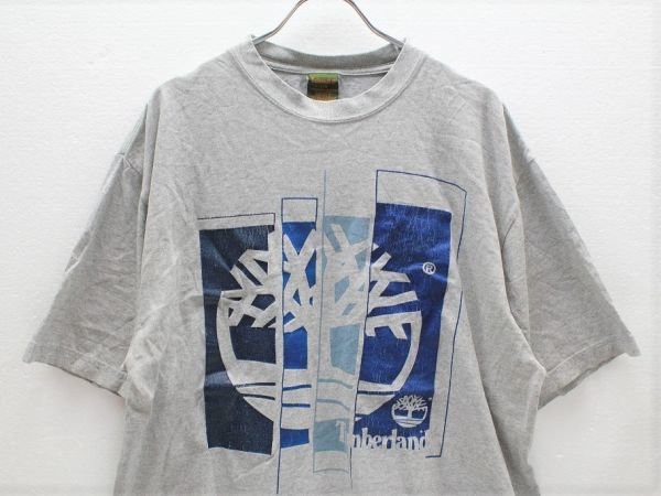 90's ティンバーランド ビッグロゴ プリント 半袖 Tシャツ (L) グレー 90年代 旧タグ オールド Timberland拍卖