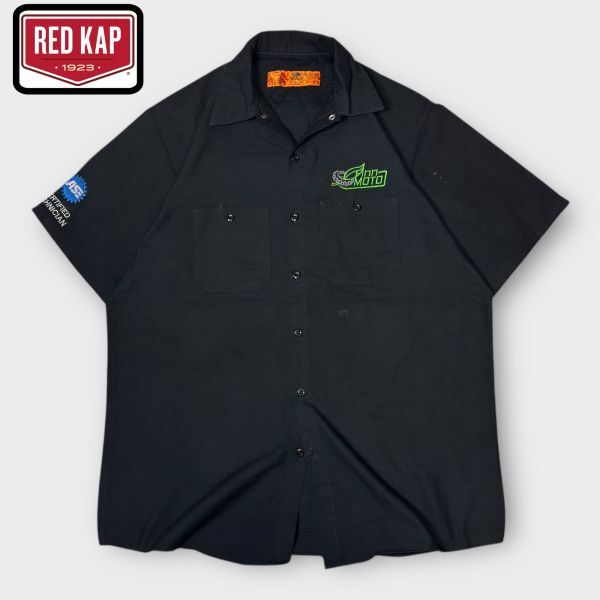 ★Finn MOTOロゴ刺繍★RED KAP 半袖ワークシャツ sizeL ブラック系 上部スナップボタン レッドキャップ 古着 クリーニング プレス済み拍卖