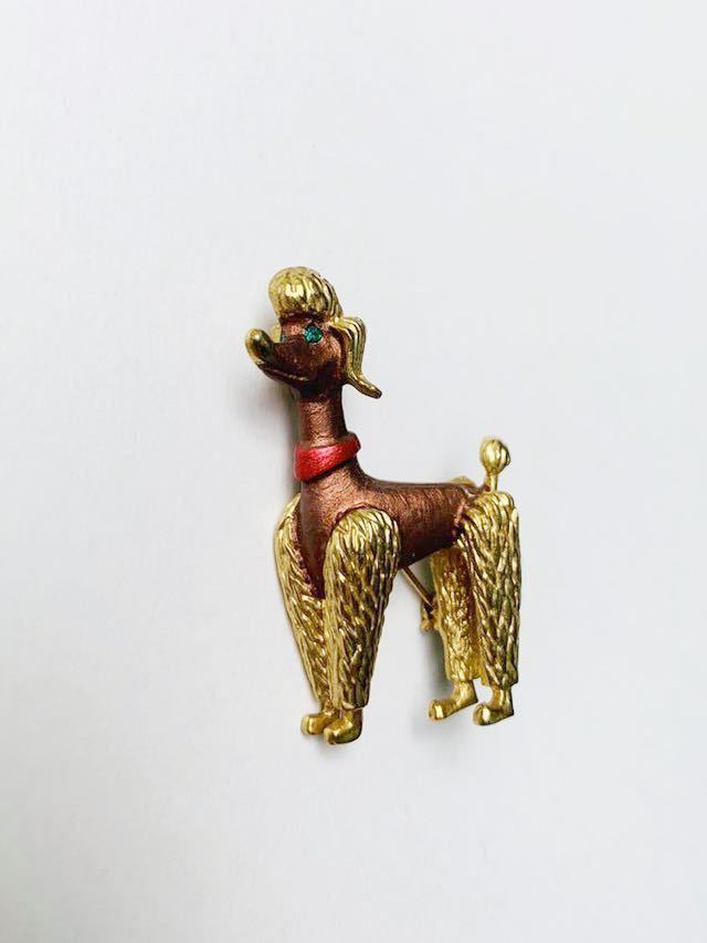 【美品】ヴィンテージ プードル ブローチ エメラルド グリーン エナメル ゴールド拍卖