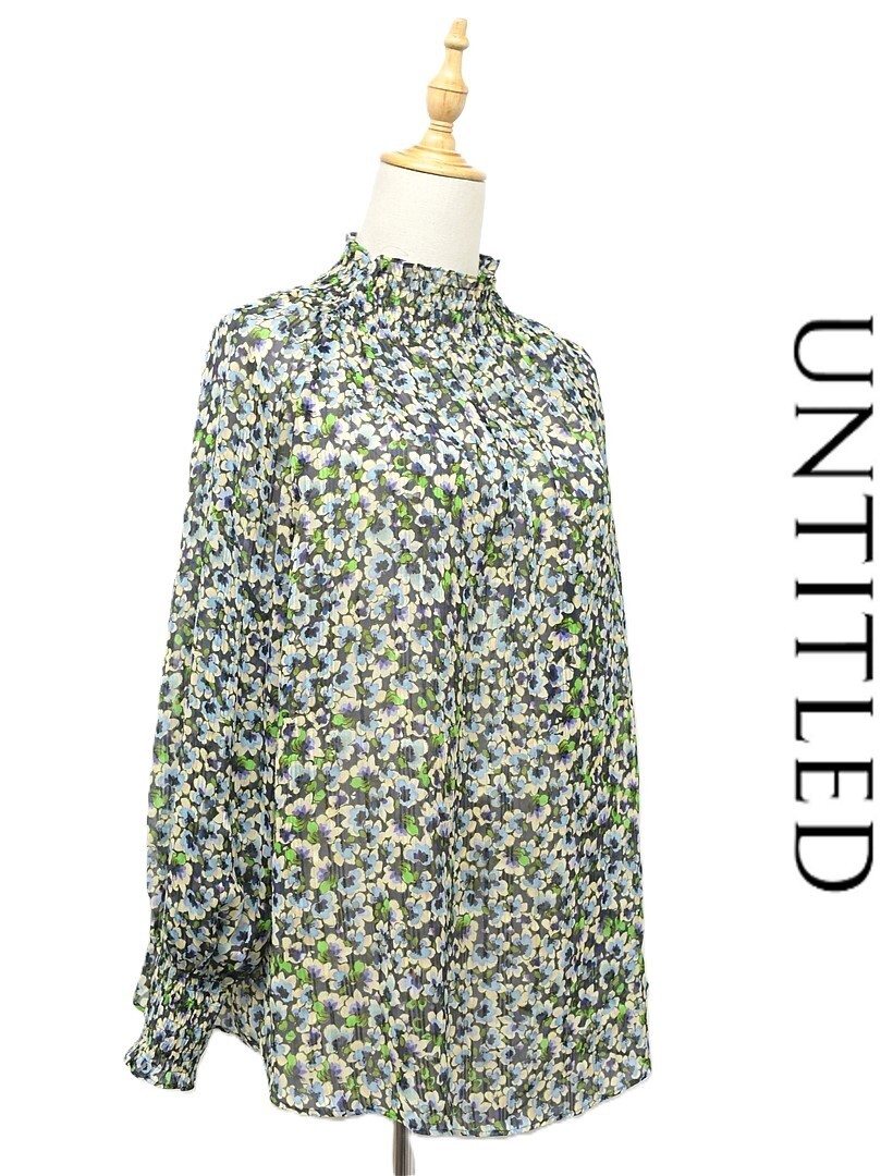 H506/UNTITLED 長袖ブラウス シャツ 総柄 花柄 ストライプ シースルー バックボタン ハイネック ゆったり M 緑 紺拍卖