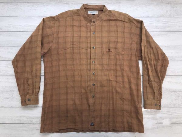 LYLE&SCOTT ライルアンドスコット オールド トラッド ゴルフ チェック ノーカラー バンドカラー 長袖シャツ メンズ 胸ポケット L オレンジ拍卖