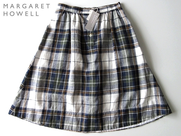 新品タグ付 名作 MARGARET HOWELL マーガレットハウエル 前ボタン ブリティッシュチェック柄 リネンスカート 1 白紺 日本製 麻100% MHL.拍卖
