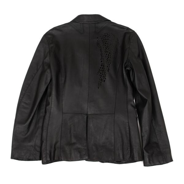 エンポリオアルマーニEMPORIO ARMANI バックカットワークデザインレザーテーラードジャケット 黒46拍卖