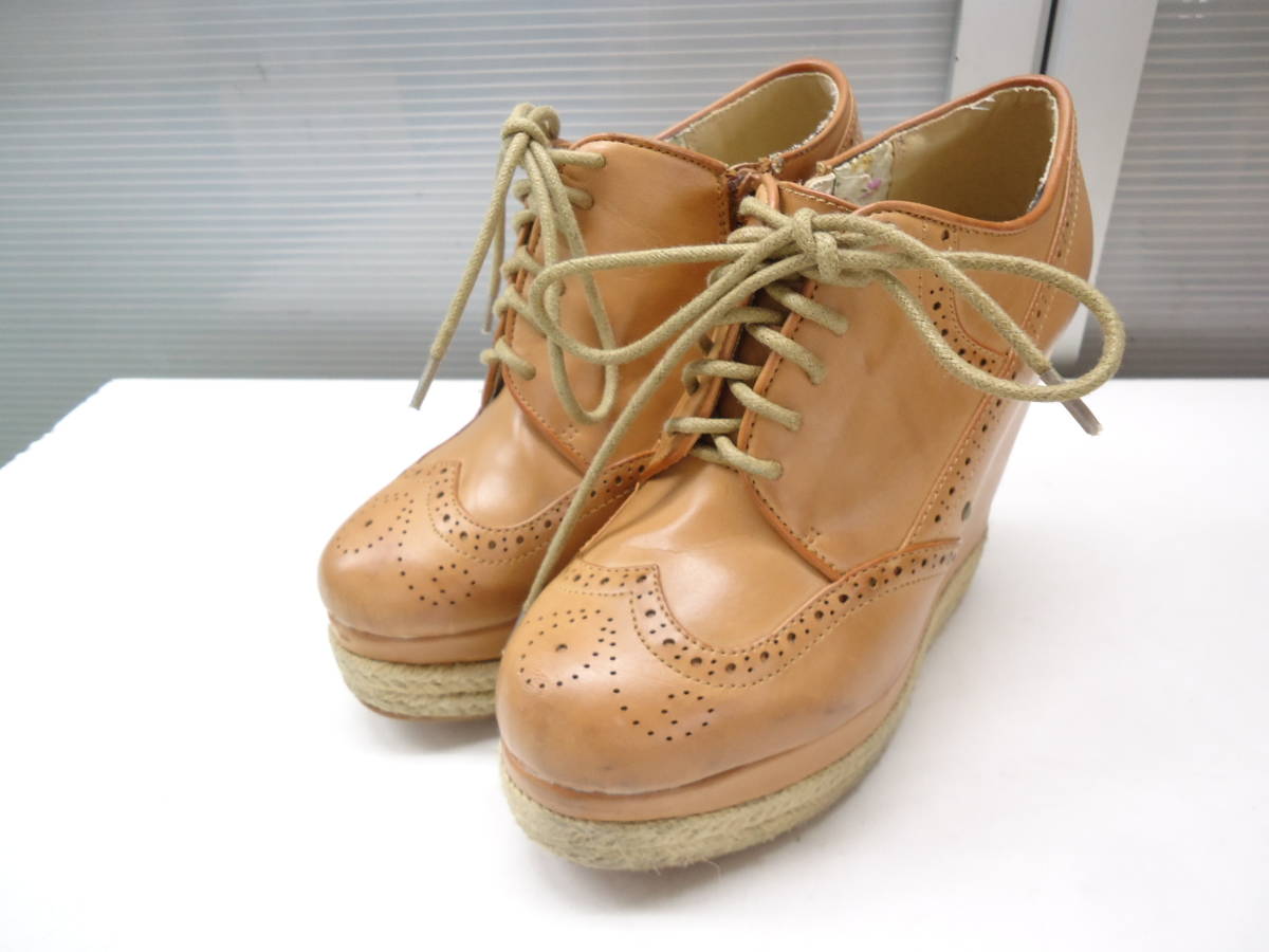 ESPERANZA/エスペランサ■M(23.0cm~23.5cm)■ウィングチップ ウェッジ レースアップ ブーティ 厚底 シューズ■ブラウン■#20505MK273_34拍卖