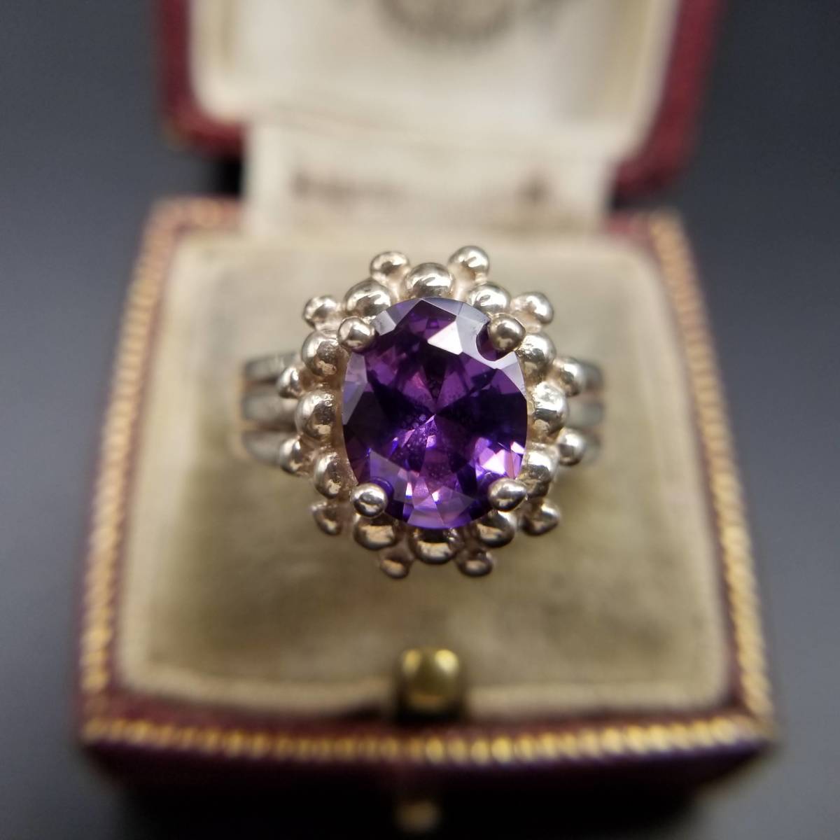 アメジストカラー ジルコン ドット 925 シルバー ヴィンテージ リング エレガント 銀 指輪 昭和レトロ 紫 ドレスリング 6Y-2拍卖