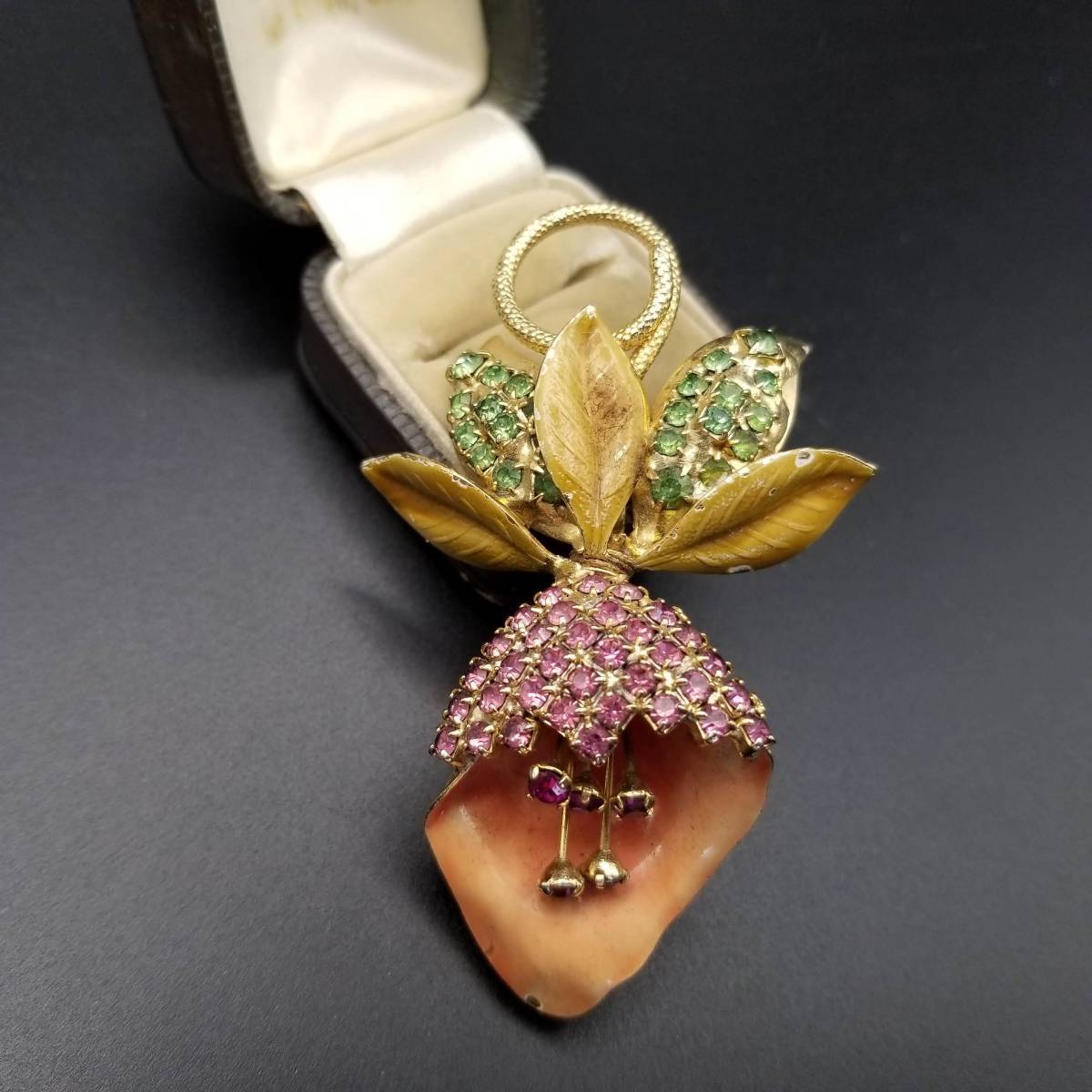 花 ピンク グリーン カットガラス 煌めき ヴィンテージ ブローチ フラワー レトロ エレガント フローラルデザイン ラインストーン YAH④拍卖