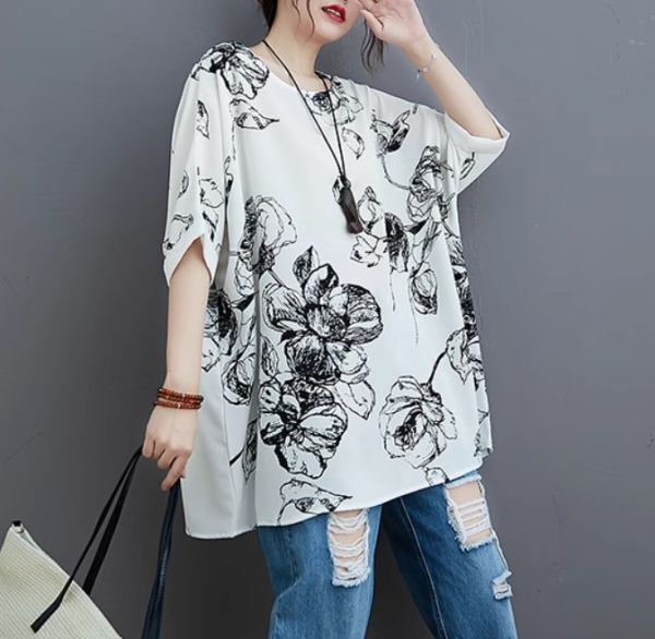 レディース トップス ブラウス 花柄プリント 体型カバー 半袖 EY60拍卖