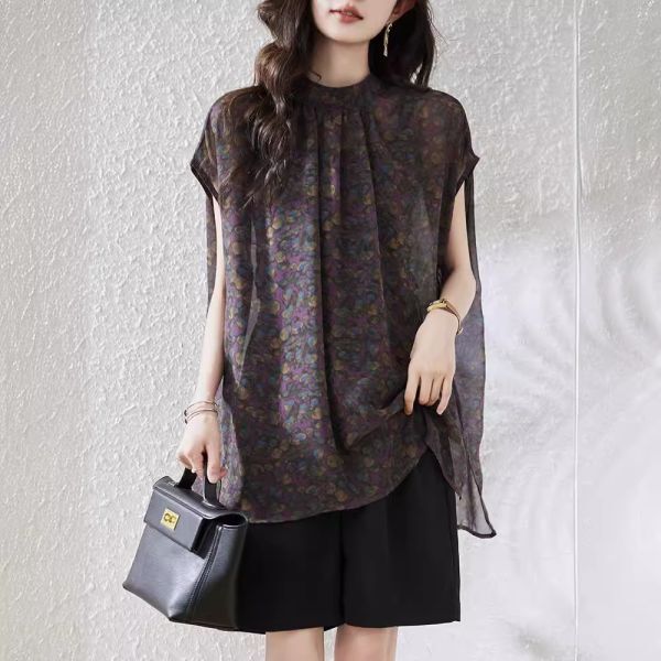 レディース トップス ブラウス シフォン スタンドカラー プリント柄 EY49拍卖
