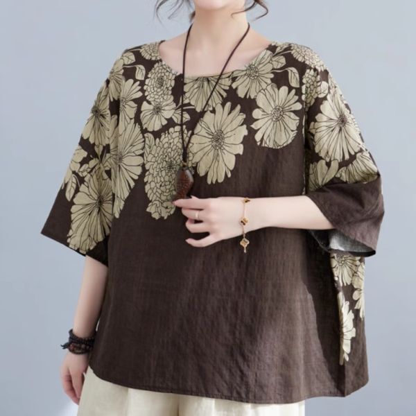 レディース トップス ブラウス 花柄プリント ラウンドネック 体型カバー EY58拍卖