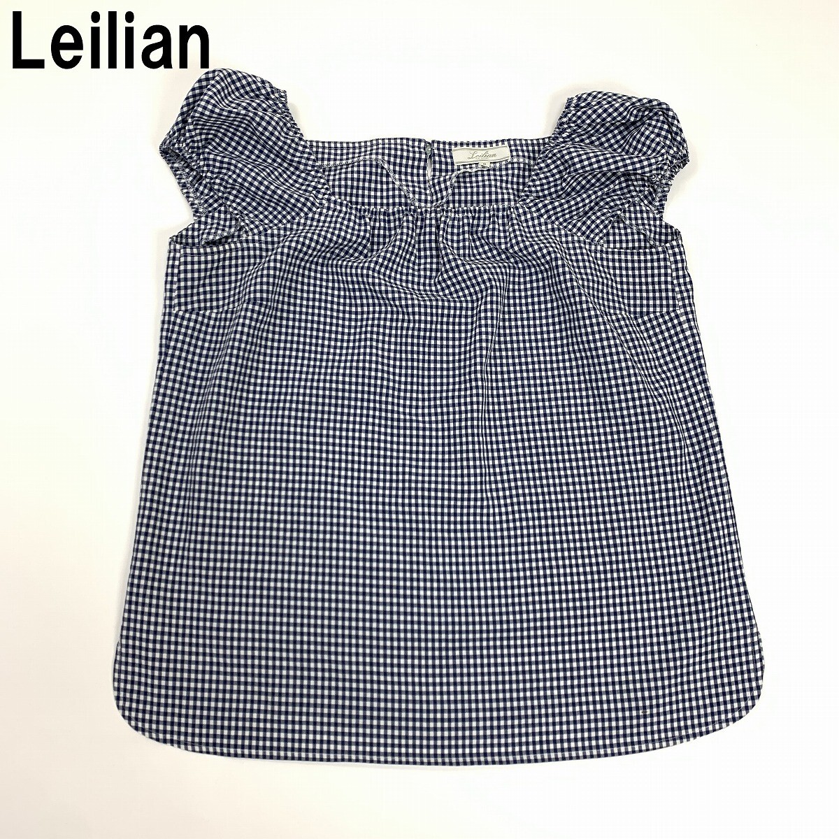 Leilian レリアン 半袖ブラウス トップス フレンチスリーブ パフスリーブ 綿 コットン系 ギンガムチェック 紺 ネイビー 9 YC313拍卖