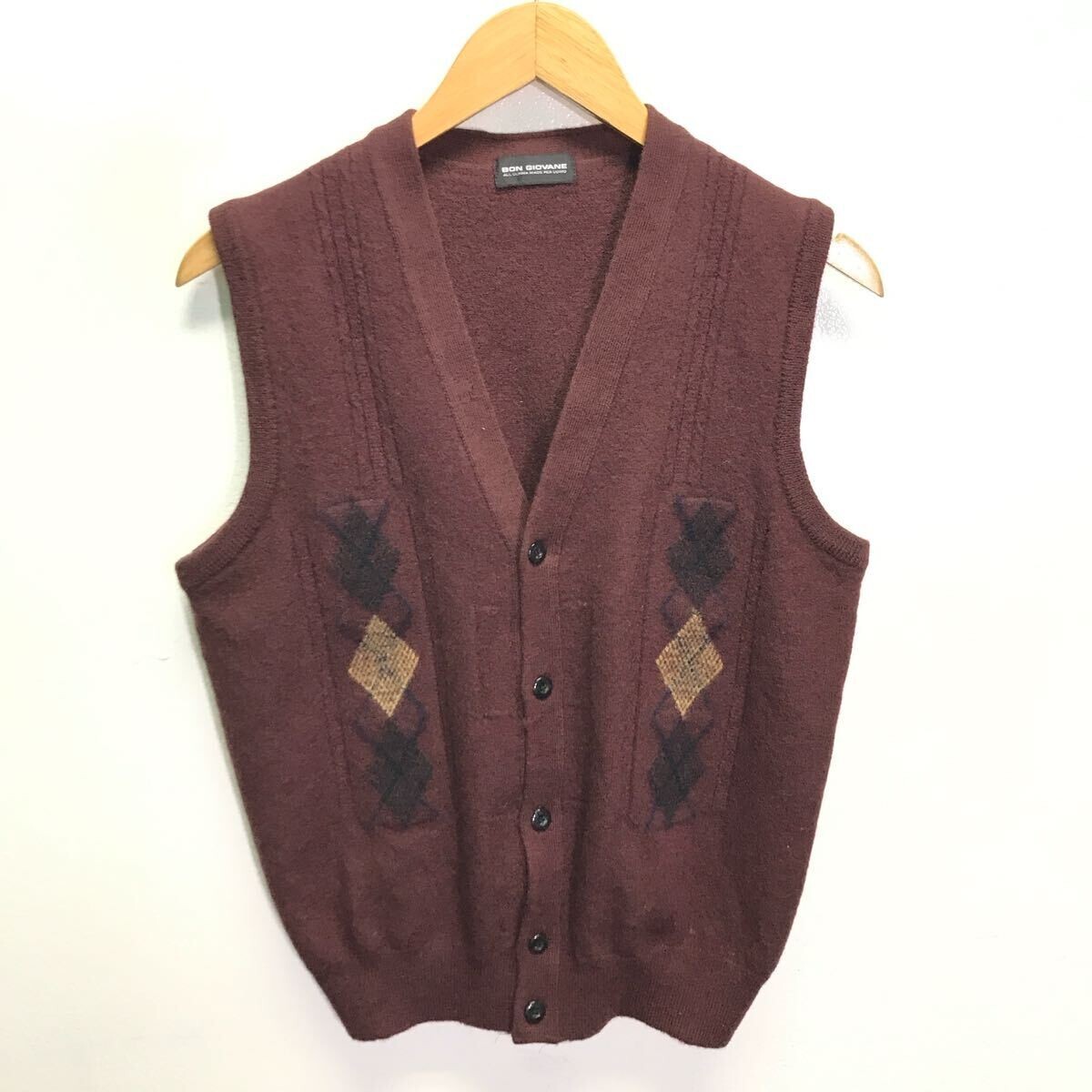 ミドルエイジのカジュアルコーデに◎【BON GIOVANE】ボンジョバネ Vネックベスト ニット セーター ビジネス 大人 ワインレッド L /Y30650ii拍卖