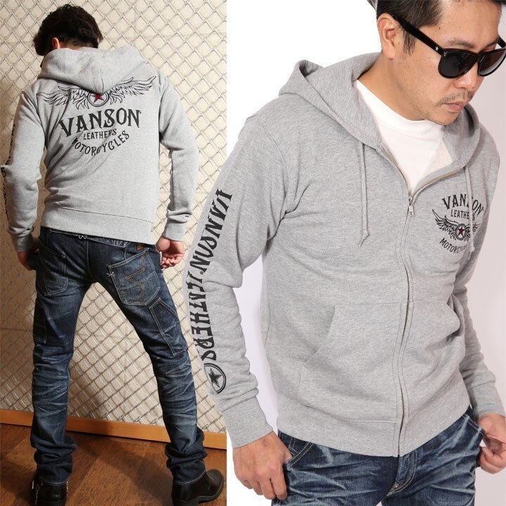 当店別注!VANSON バンソン 定番ウィング フルジップパーカー ACVA-904 グレー【XLサイズ】スタンダードサイズ バンソン バイカー拍卖