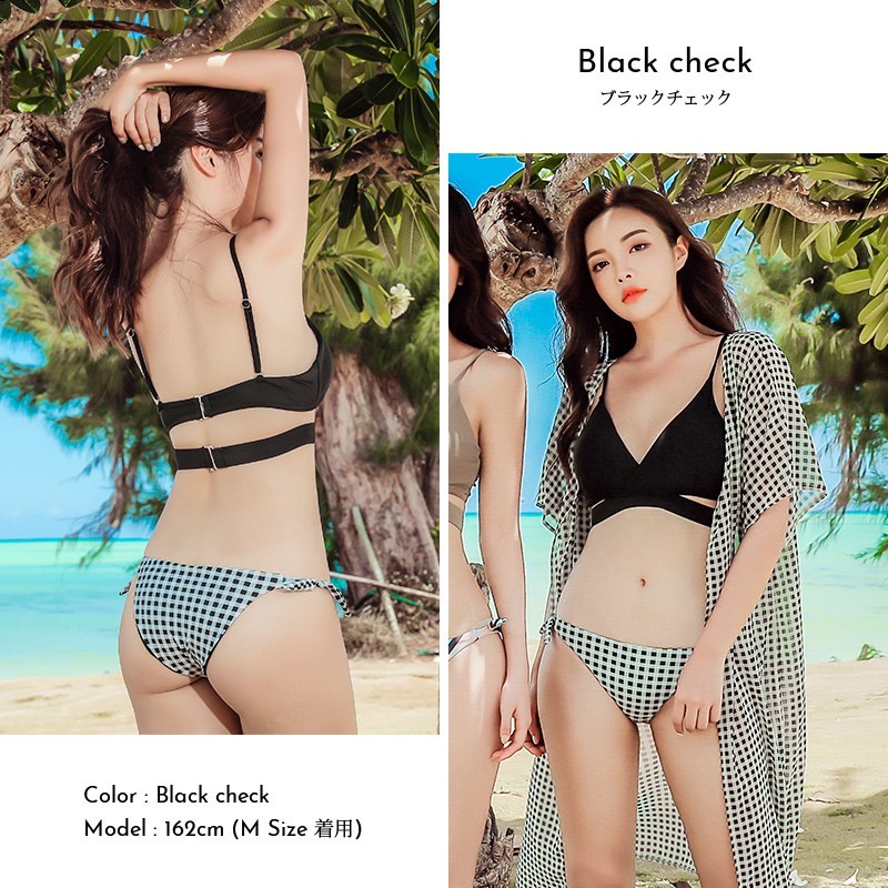 新品 M 黒 チェック 水着 ビキニ 3点セット パレオカーデ付 swear-0486 PixyParty Summercollections 即納拍卖