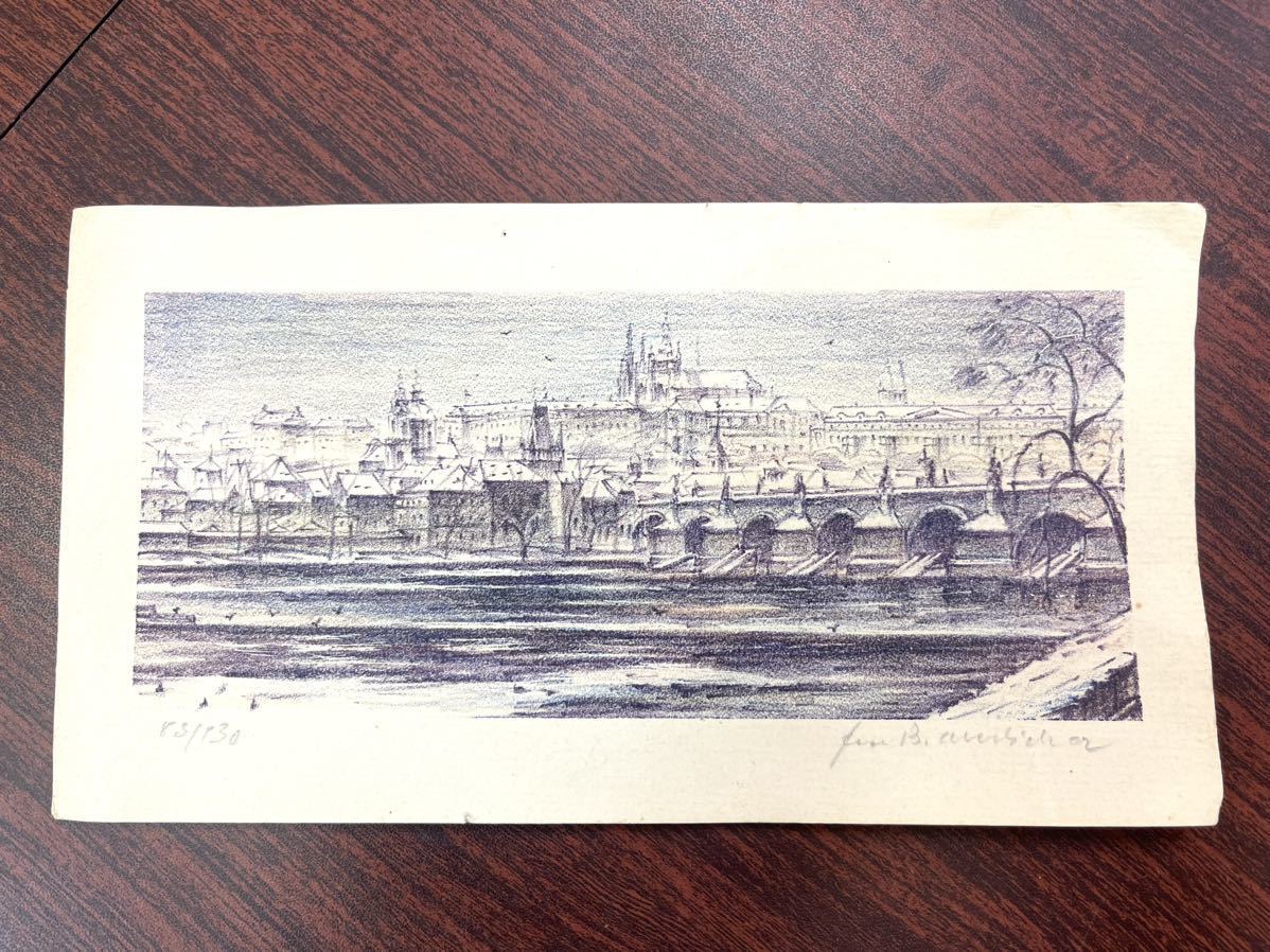 ★☆絵画/芸術/リトグラフ サイズ:W210×H112mm 83/130 作家不明 河岸に見える教会と街並み拍卖