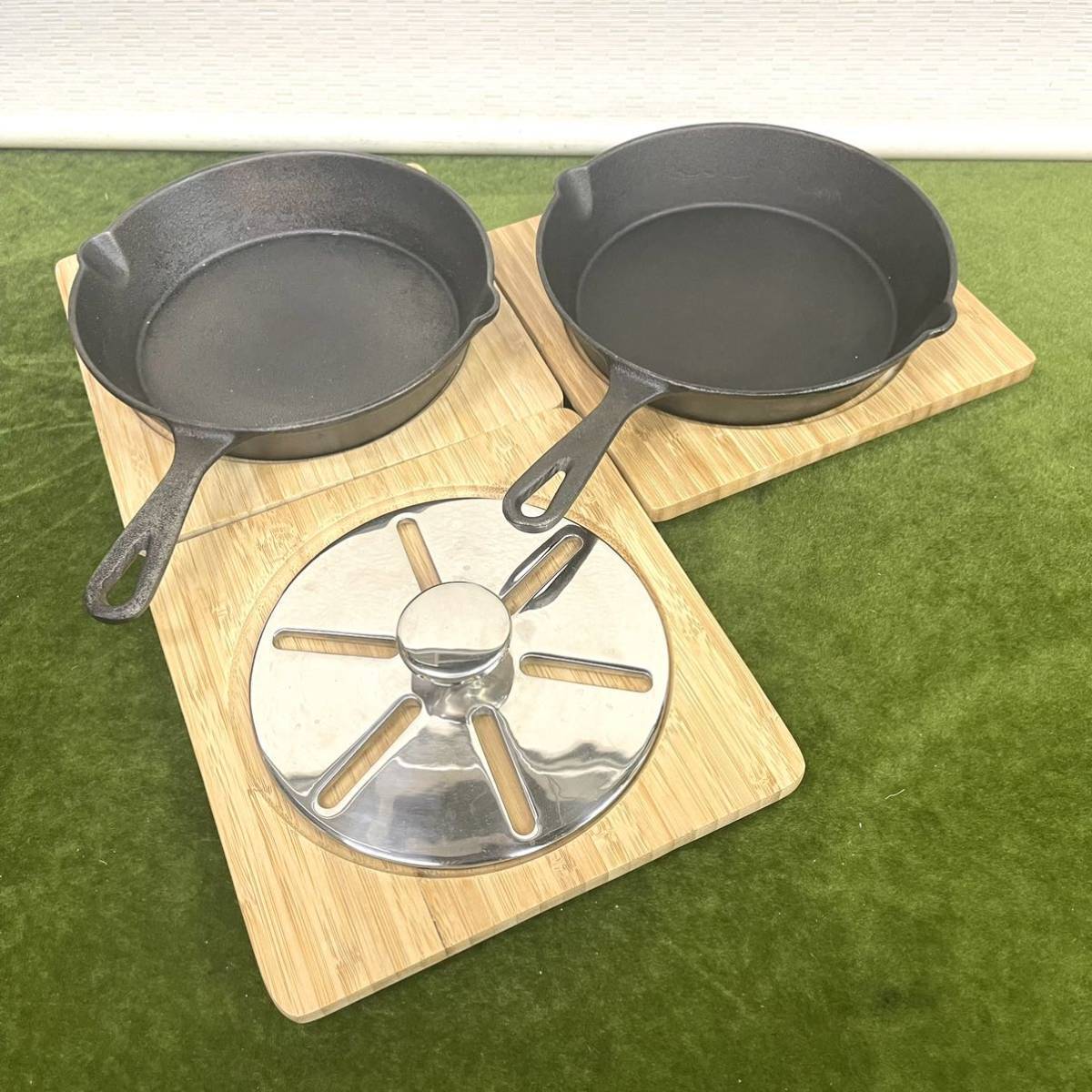 ★☆調理器具/台所用品/キッチン用品 鉄製鍋/鉄鍋 木製鍋置き3個/ステンレス製落とし蓋セット☆★拍卖