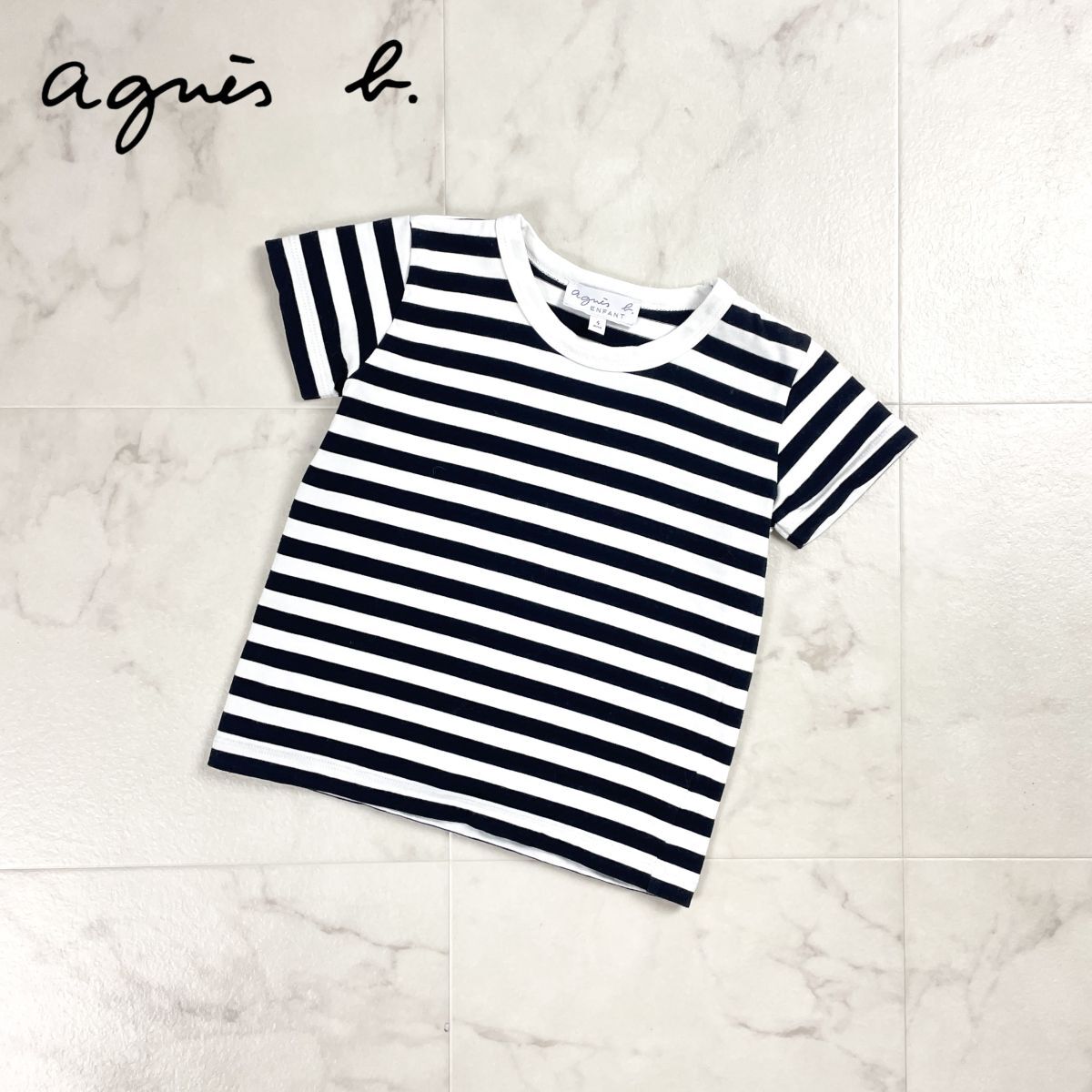 美品 agnes b. ENFANT アニエスべー キッズボーダーTシャツ 半袖 モノトーン 白 ホワイト 黒 ブラック サイズ4 100cm~110cm*CD292拍卖