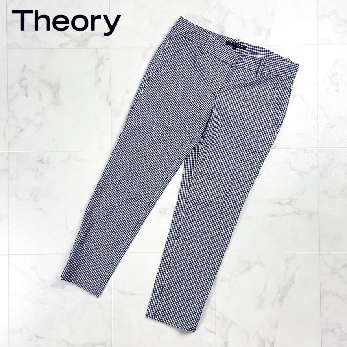 美品 theory セオリー ギンガムチェックアンクルストレッチパンツ 裾ジップ ボトムス レディース ネイビー 紺 サイズ2*CD1145拍卖