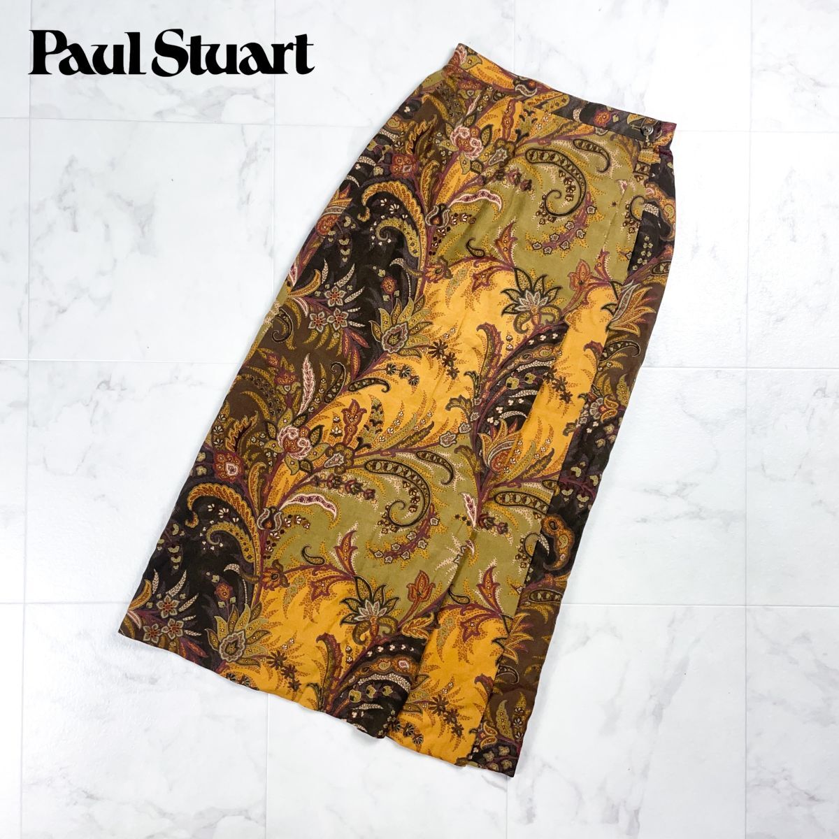 美品 Paul Stuart ポールスチュアート ウール・シルク混 インポートファブリック ラップスカート ミモレ丈 ブラウン系 茶 サイズ7*CD1152拍卖